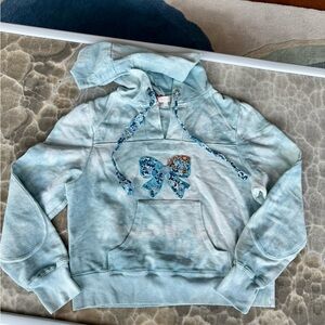 NWT LoveShackFancy Blue Tie-Dye Hoodie with a flower bow embroidery, size M
